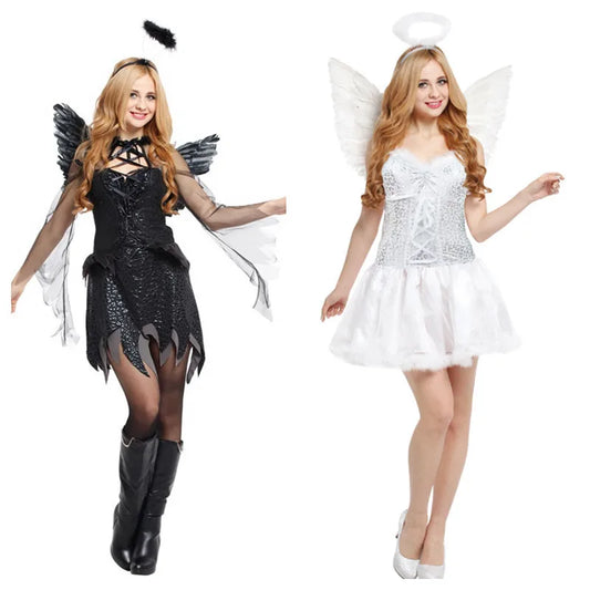 Angel and Devil Costumes: Two costumes, one in black with a devil theme featuring wings and a jagged hem, and the other in white with an angel theme featuring wings and a fluffy skirt. Both costumes are playful and whimsical.

