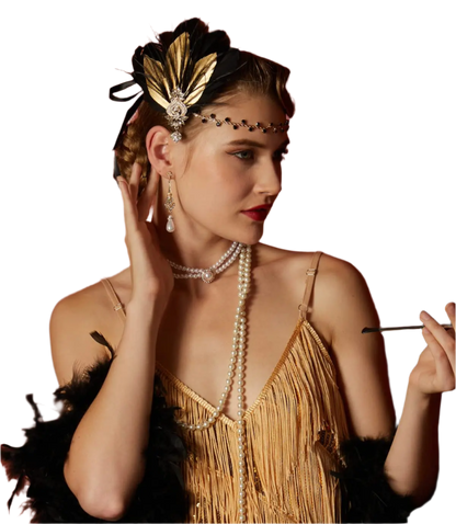 Gold rhinestone and feather headband with 1920s Gatsby design for luxury resort theme nights

