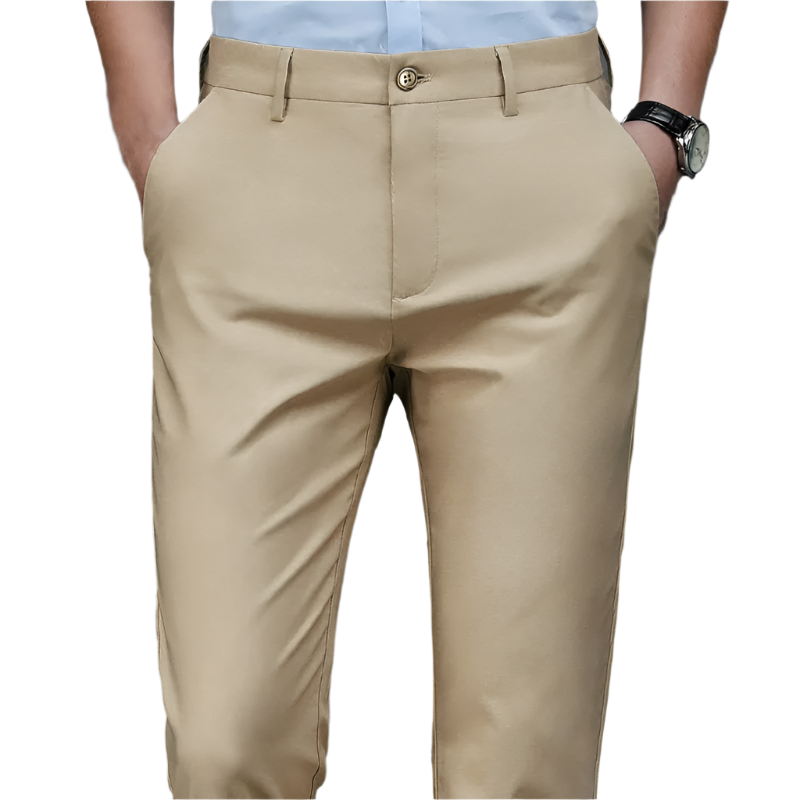 Beige pants worn by a person on a gray background
