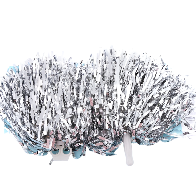 Silver tinsel pom-pom with a finger handle on a light blue background