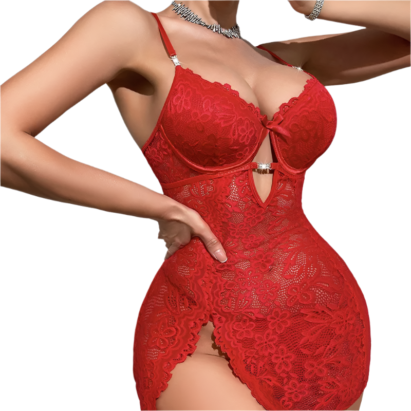 Red lace bodysuit worn by a model on a neutral background