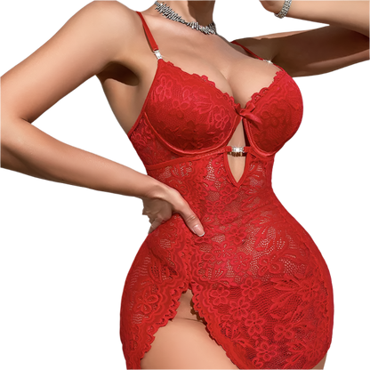 Red lace bodysuit worn by a model on a neutral background