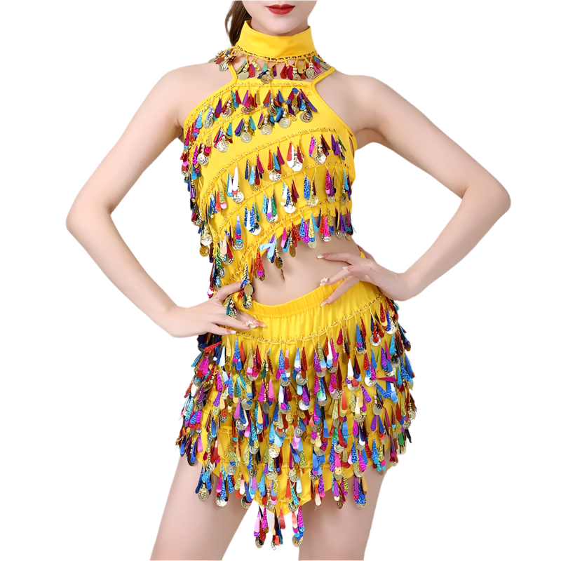  sequin coin tassel Latin dance set with fringe top and skirt for professional resort performances