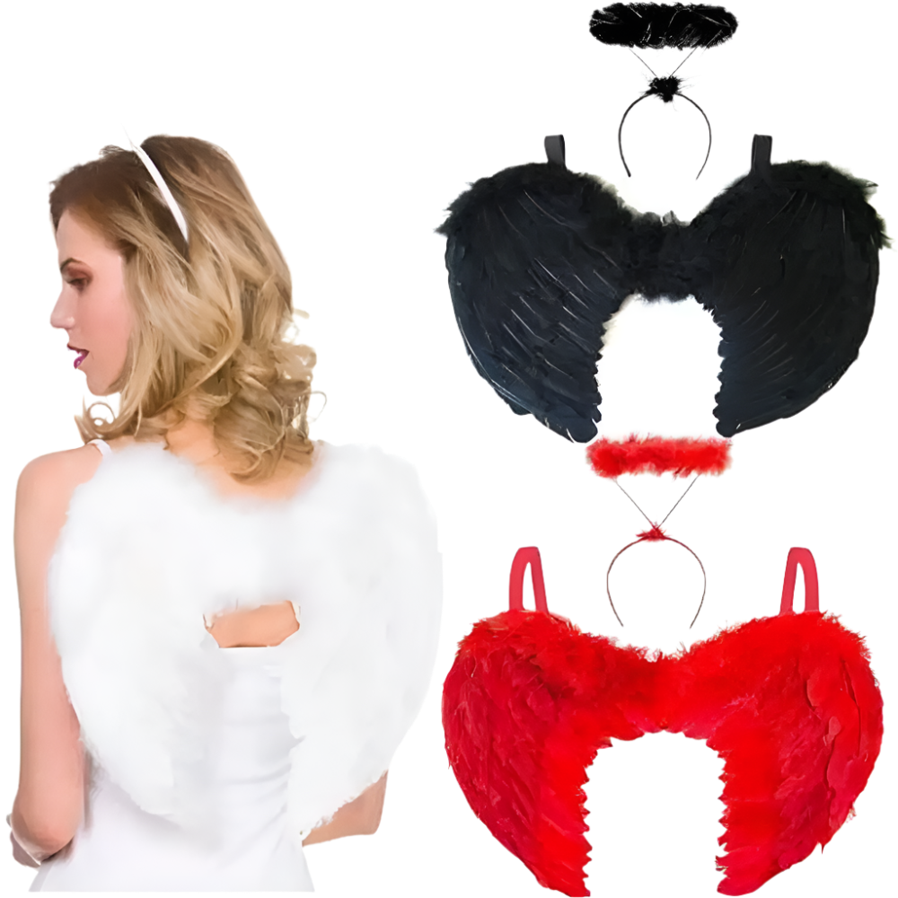 Set of angel wings with a halo and red heart-shaped wings on a white background.