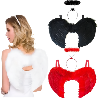 Set of angel wings with a halo and red heart-shaped wings on a white background.