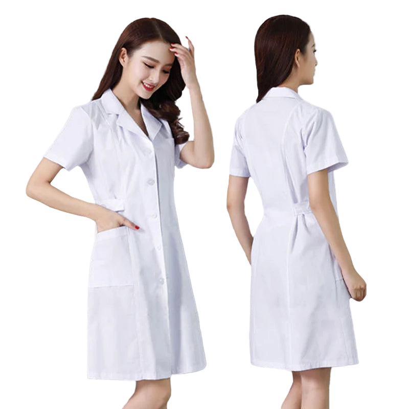 White lab coat worn by a model, shown from front and back on a white background