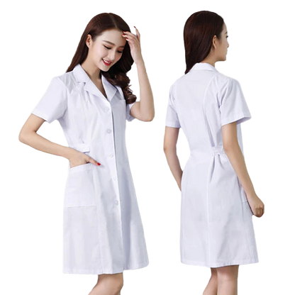 White lab coat worn by a model, shown from front and back on a white background