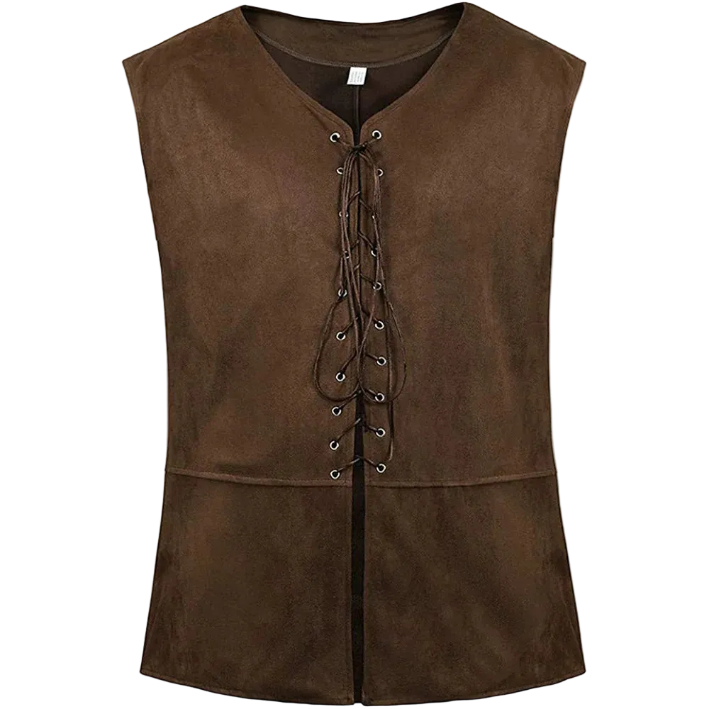 Brown suede vest with lace-up front on a white background