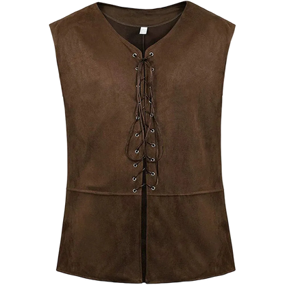Brown suede vest with lace-up front on a white background