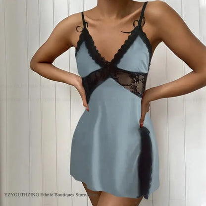 Patchwork Perspective Lace Nightgown Intimate Lingerie Summer New Female Sleepwear Suspender Nightdress Satin Homewear Undewear