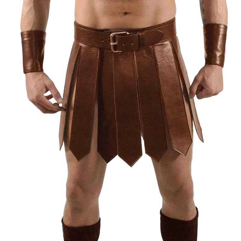 Brown leather kilt worn by a person on a white background