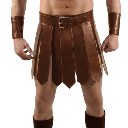 Brown leather kilt worn by a person on a white background