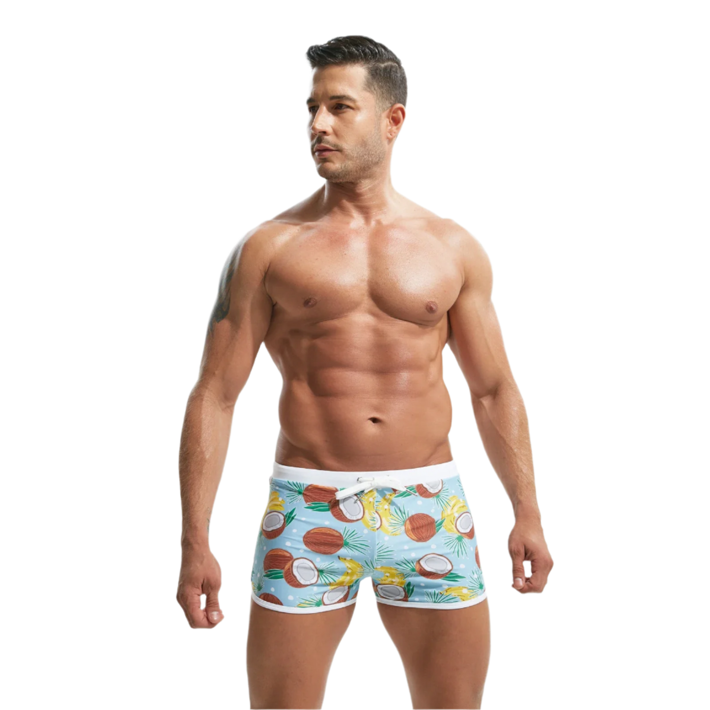 coconut patterned swim shorts with a white waistband.