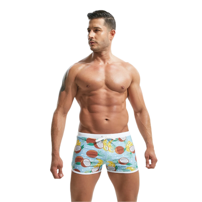 coconut patterned swim shorts with a white waistband.