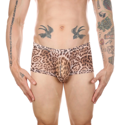 A man's lower torso wearing leopard-print briefs against a plain white background. The briefs have a brown, beige, and black animal print pattern.