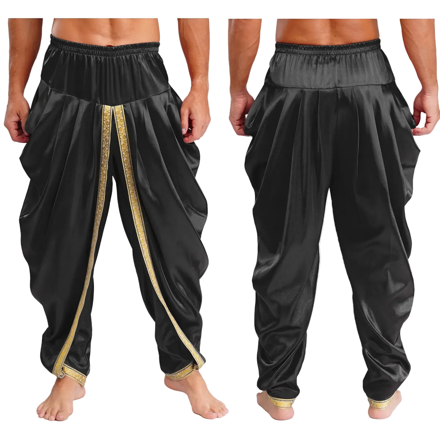 Black harem-style pants with gold decorative trim, shown from both front and back views on a cropped male model against a white background.