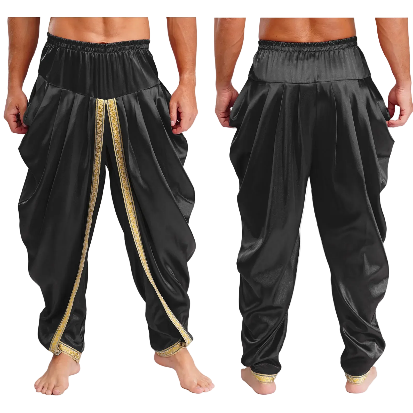 Black harem-style pants with gold decorative trim, shown from both front and back views on a cropped male model against a white background.