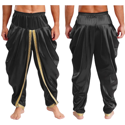 Black harem-style pants with gold decorative trim, shown from both front and back views on a cropped male model against a white background.