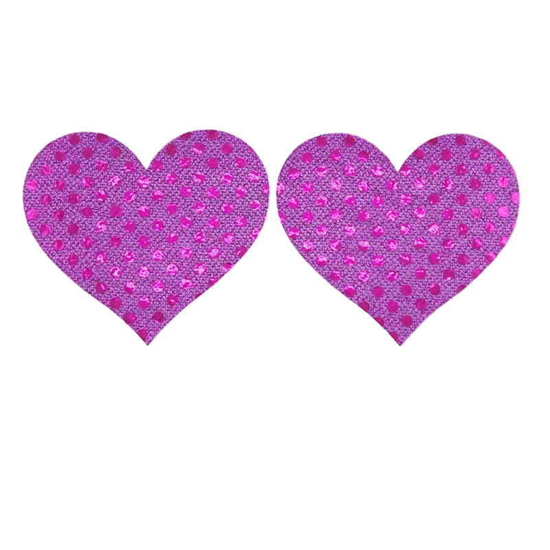 Pair of purple heart-shaped pasties with a polka dot pattern on a white background