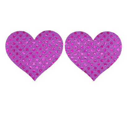 Pair of purple heart-shaped pasties with a polka dot pattern on a white background