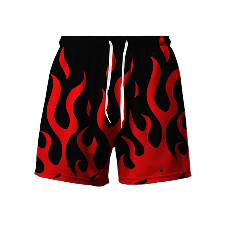 Red and black flame-patterned shorts on a gradient background