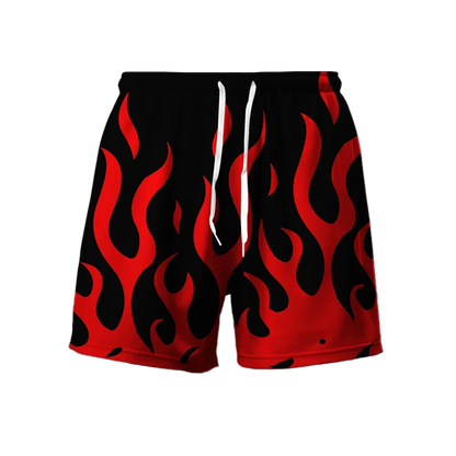 Red and black flame-patterned shorts on a gradient background