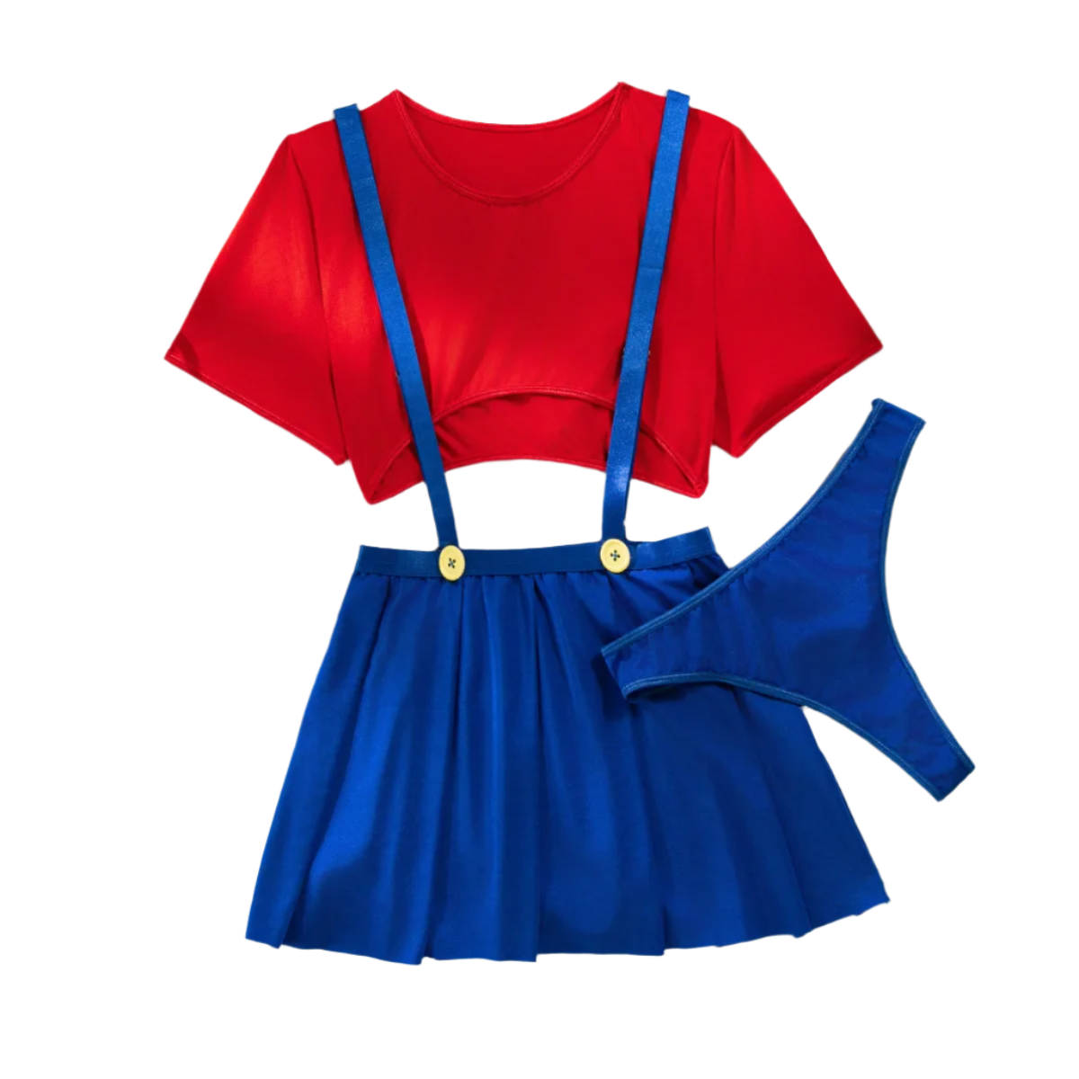 Costume Outfit: A playful costume featuring a red crop top and a blue pleated skirt with blue suspenders and yellow buttons, creating a fun and whimsical look.

