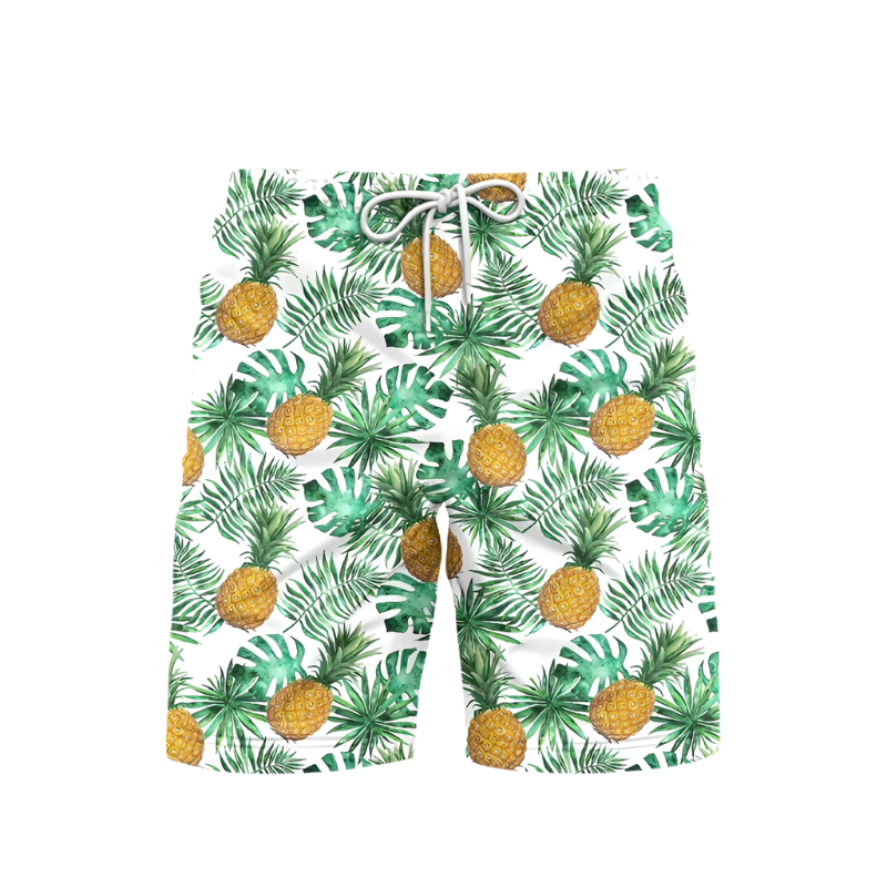 3D Pineapple Print Swim Trunks for luxury adult resorts, featuring vibrant tropical pattern on premium board shorts