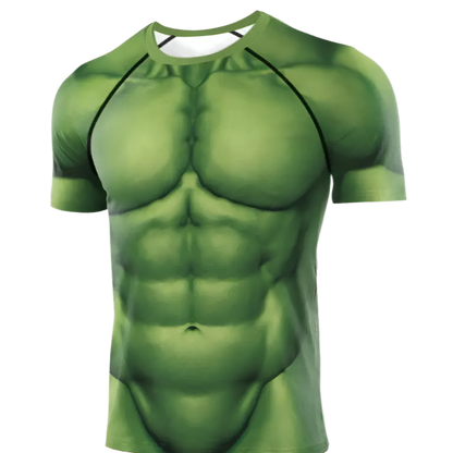 Green Muscle Shirt: A short-sleeve t-shirt with a printed design resembling a muscular green torso, perfect for a superhero-inspired look.

