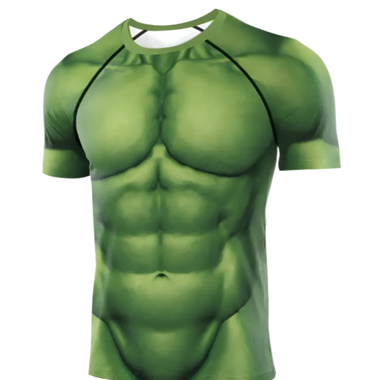 Green Muscle Shirt: A short-sleeve t-shirt with a printed design resembling a muscular green torso, perfect for a superhero-inspired look.

