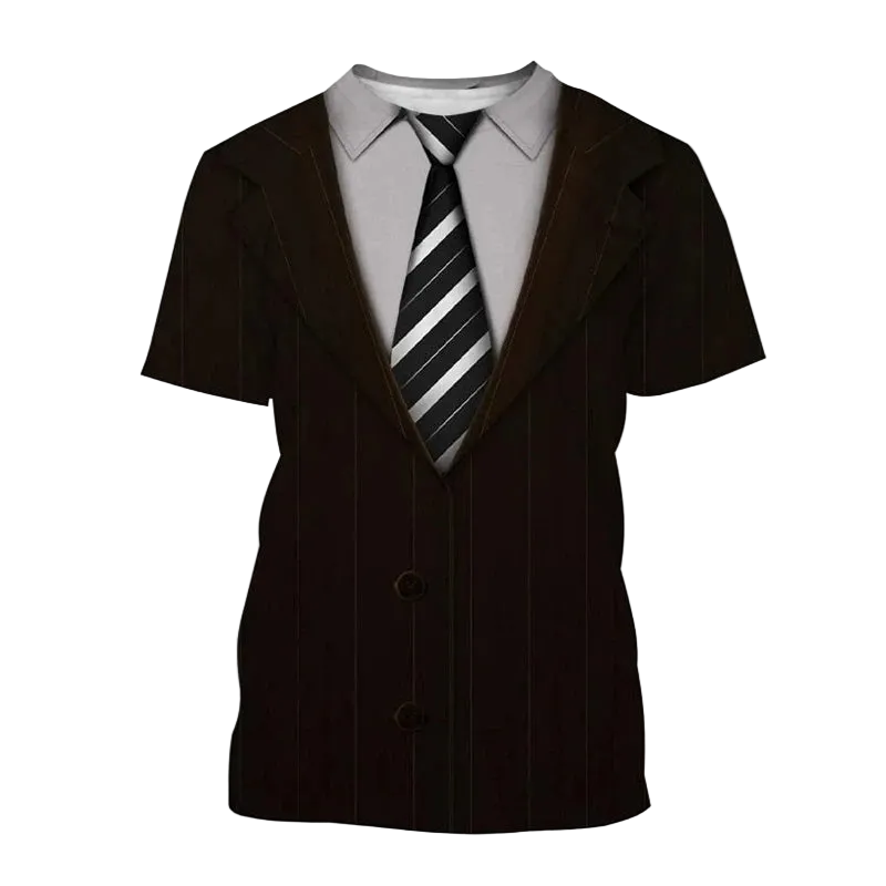 A short-sleeve brown pinstripe suit jacket costume top styled with a white collared shirt and a black and white diagonally striped tie, shown on a white background with the word 'Brown' in red text in the upper left.