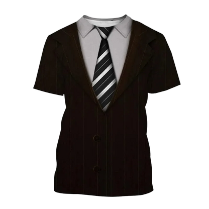 A short-sleeve brown pinstripe suit jacket costume top styled with a white collared shirt and a black and white diagonally striped tie, shown on a white background with the word 'Brown' in red text in the upper left.