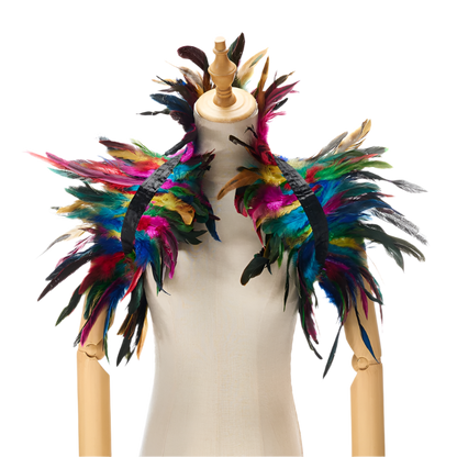  Feather Shoulder Piece: A vibrant feather shoulder piece displayed on a mannequin, with black accents and a striking, textured design.