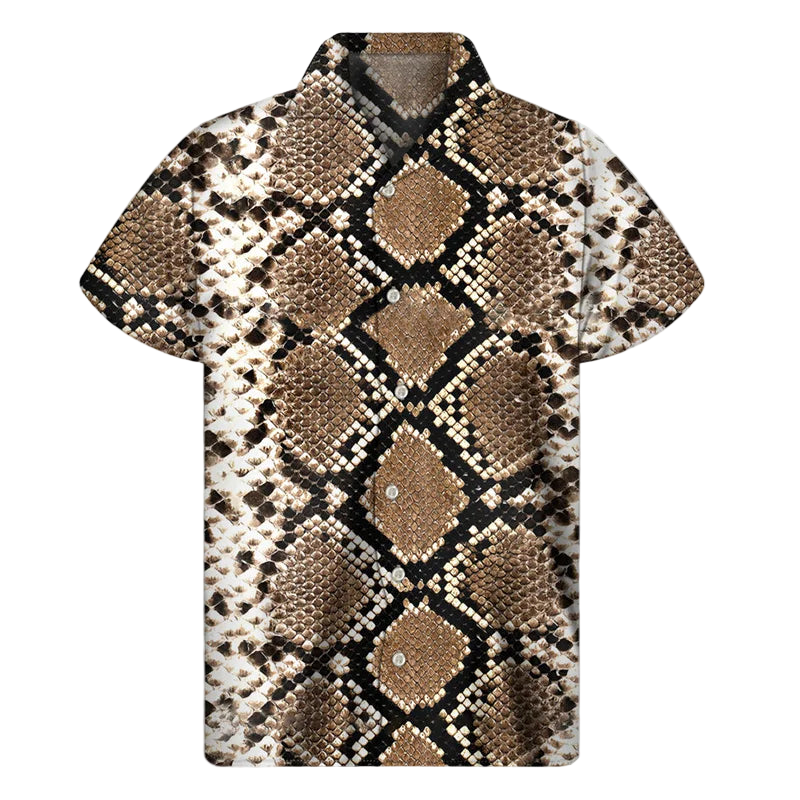 Short-sleeve shirt with snake print pattern on a white background