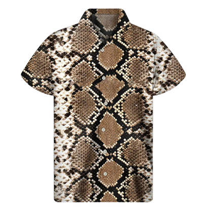 Short-sleeve shirt with snake print pattern on a white background
