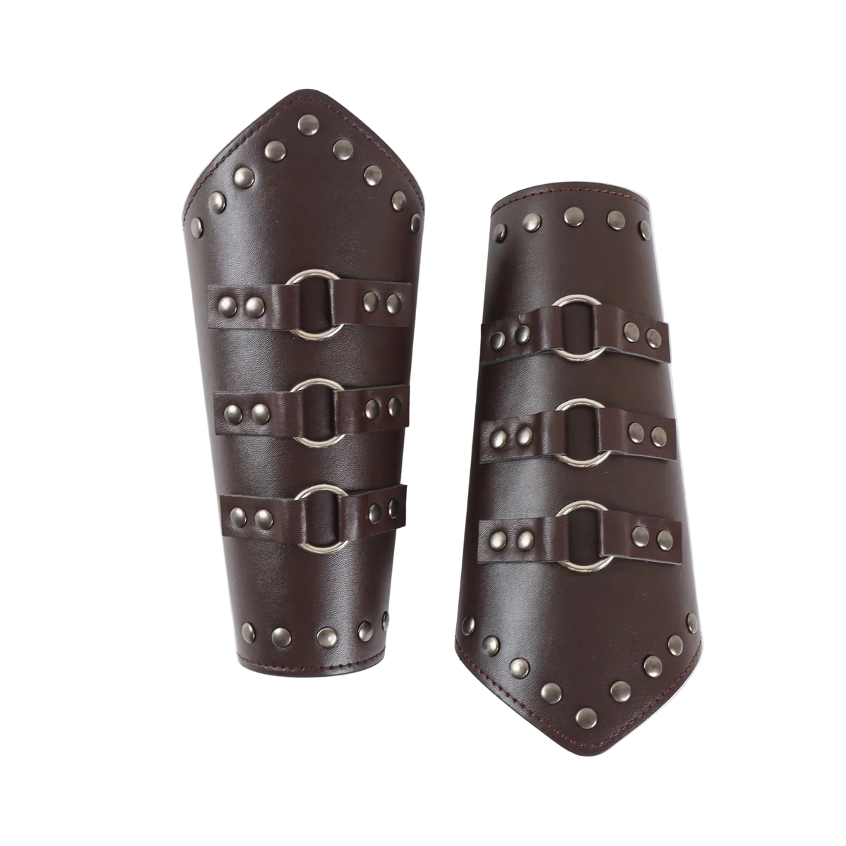 Pair of brown leather arm guards with metal buckles on a white background
