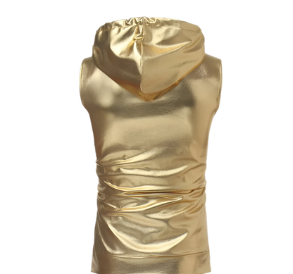 Gold Tank Top Plus Size Hooded Vest Zipper Streetwear Shinny Sleeveless T-shirt