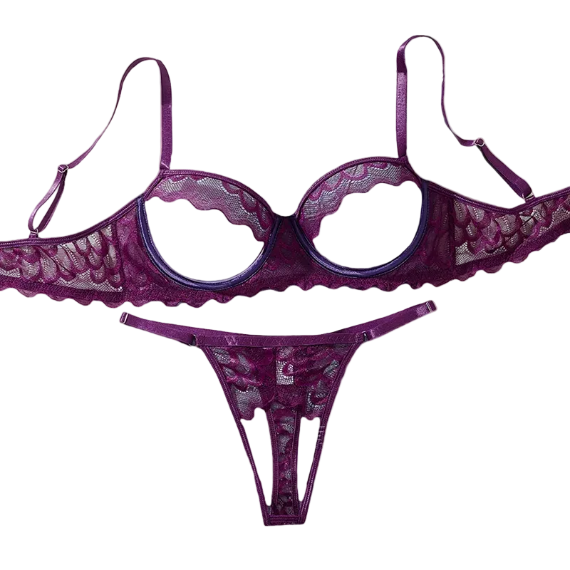 Purple lace lingerie set on a beige background