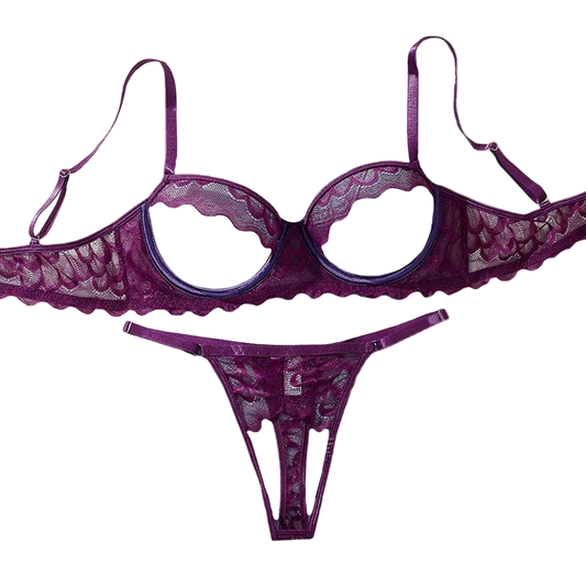 Purple lace lingerie set on a beige background