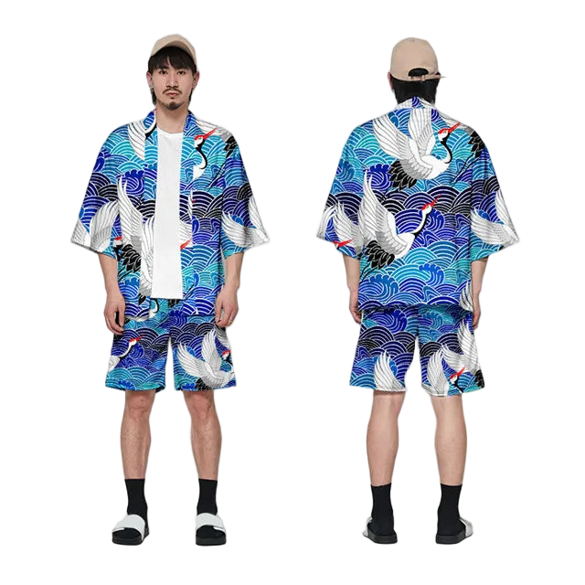 Two mannequins wearing a blue and white patterned outfit with a plain background