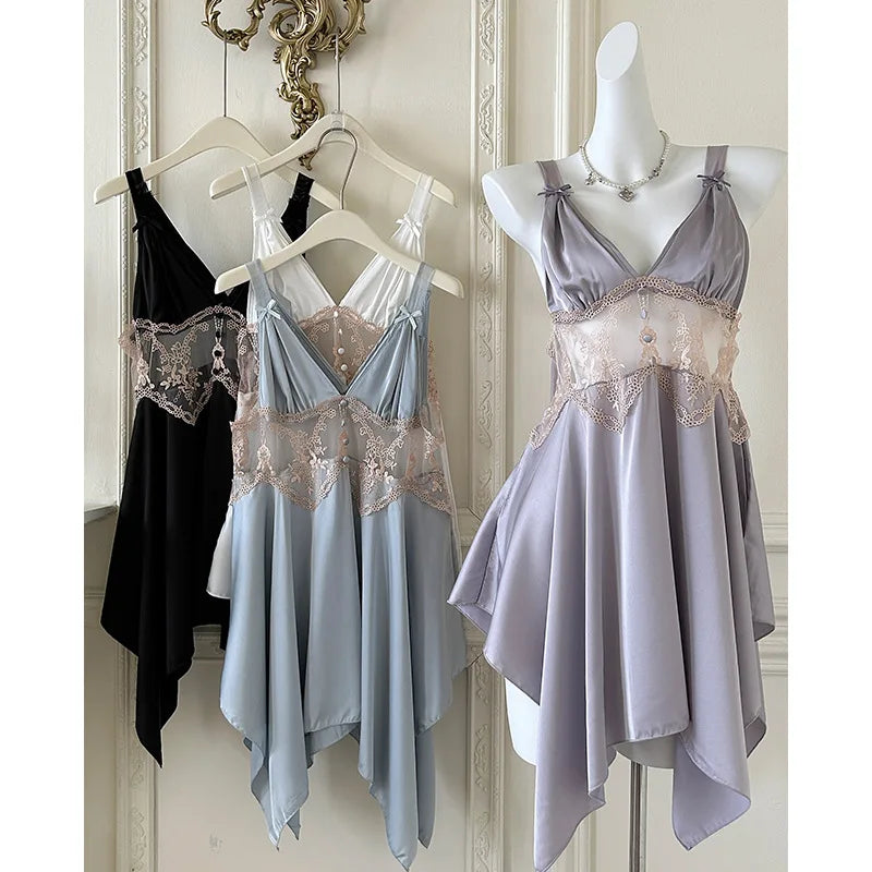 Sexy Women Lingerie Nightgown Chemise Sleepwear Patchwork Hollow Out Lace Nightdress Homeweae Summer Ice Silk Nightie Loungewear