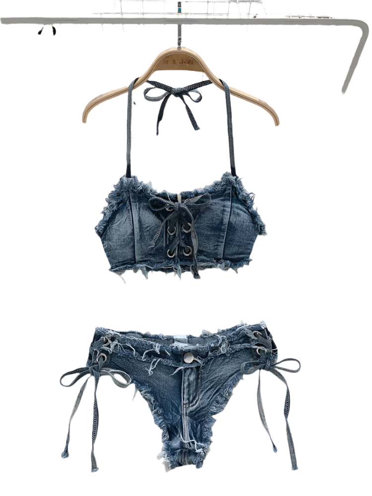 Denim bikini set on a hanger with floral background