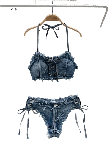 Denim bikini set on a hanger with floral background