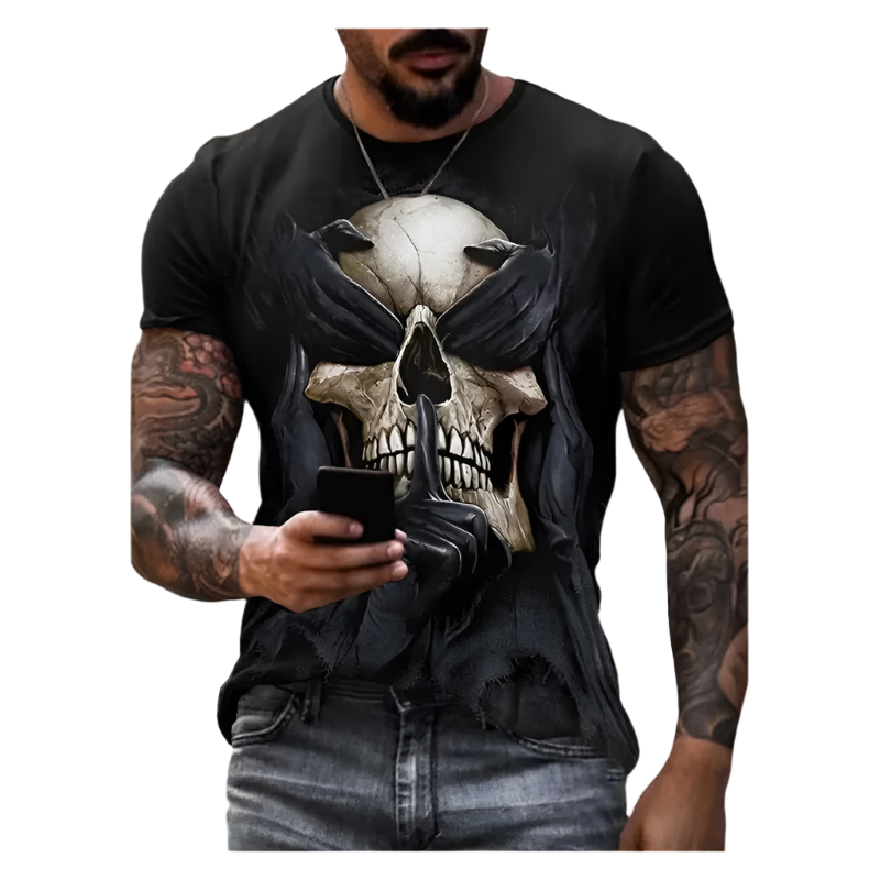 Person wearing a black t-shirt with a skull design, holding a phone.