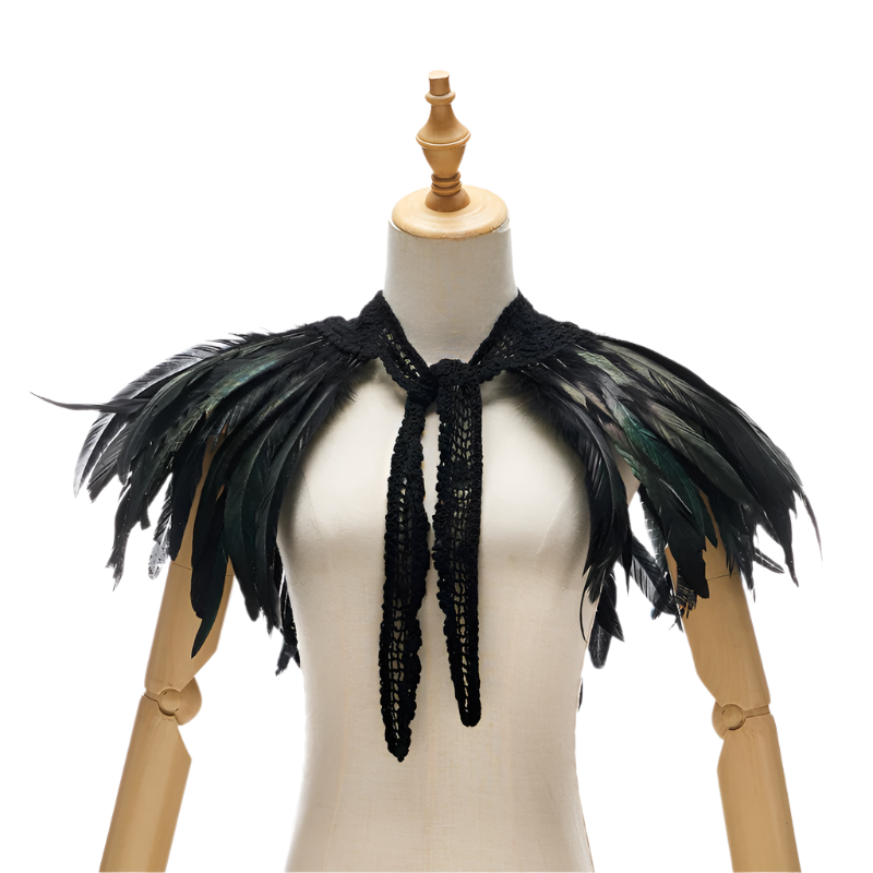  Feather Shoulder Piece: A vibrant feather shoulder piece displayed on a mannequin, with black accents and a striking, textured design.