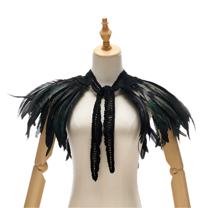  Feather Shoulder Piece: A vibrant feather shoulder piece displayed on a mannequin, with black accents and a striking, textured design.