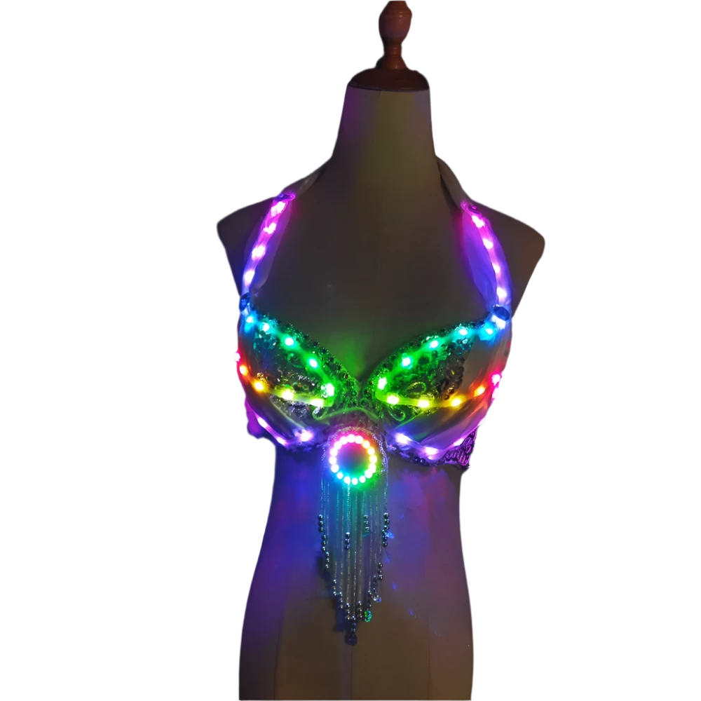 LED Light-Up Bra: A dazzling bra adorned with colorful LED lights and decorative fringe, creating a vibrant and eye-catching look.

