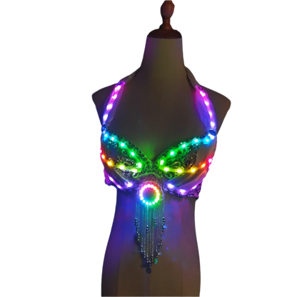 LED Light-Up Bra: A dazzling bra adorned with colorful LED lights and decorative fringe, creating a vibrant and eye-catching look.

