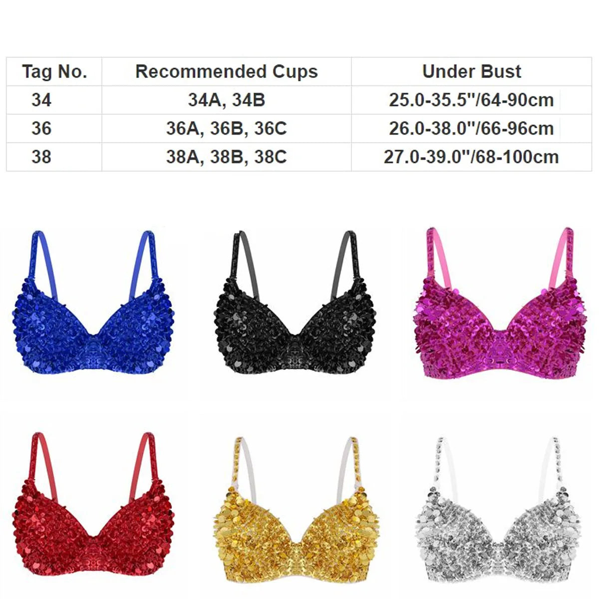 equined bras in various colors, including blue, black, pink, red, gold, and silver. The bras are available in different sizes, offering a glamorous and eye-catching style.
