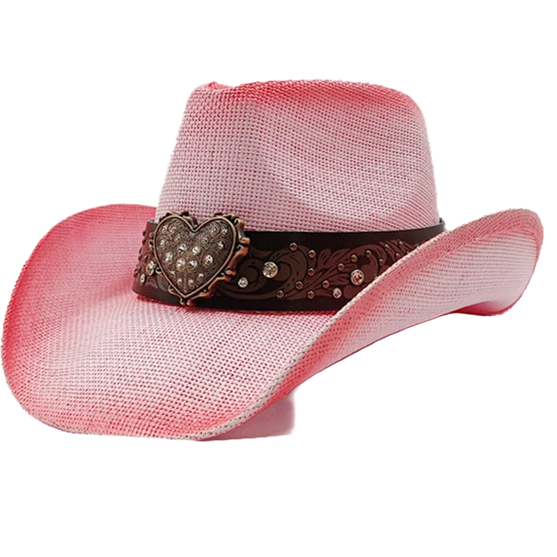 Pink cowboy hat with a decorative brown band featuring a heart design on a white background